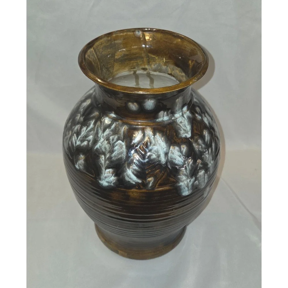 Vintage Brown & White Glossy Pottery Vase Leaf Pattern, Incised PG  12/14/1979